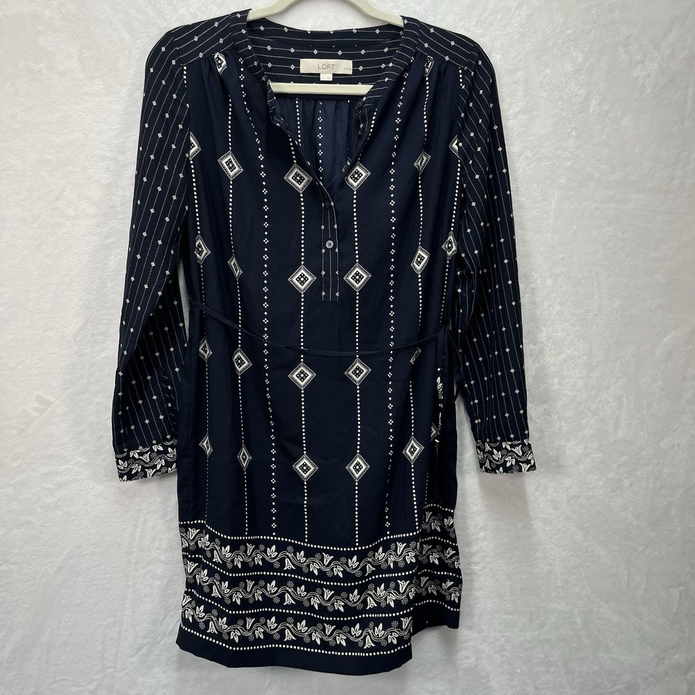 Loft Long Sleeve Shirtdress Womens Petite Small Navy Geometric Print Casual